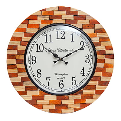 Handcrafted Round Wooden Analog Wall Clock with Blocks (18*18 Inch, 12 Inch Dial)