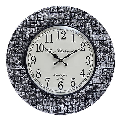 Royal Craft Palace 18" Antique Block POP Polish Silver Buddha Wooden Wall Clock