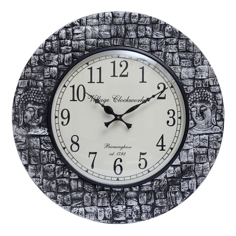 Royal Craft Palace 18" Antique Block POP Polish Silver Buddha Wooden Wall Clock Royal Craft Palace 18" Antique Block POP Polish Silver Buddha Wooden Wall Clock