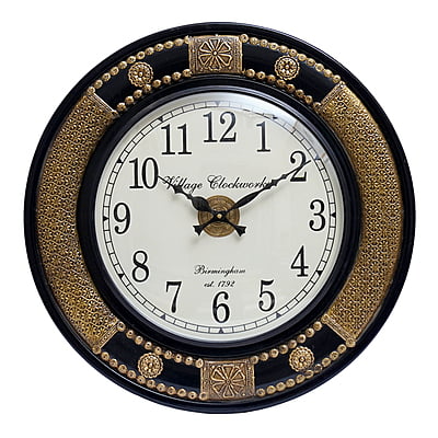 Handcrafted Round Analog Wooden Clock with Intricate Brass Emboss Design - A Luxurious 18*18 Inch  Gold/Black!