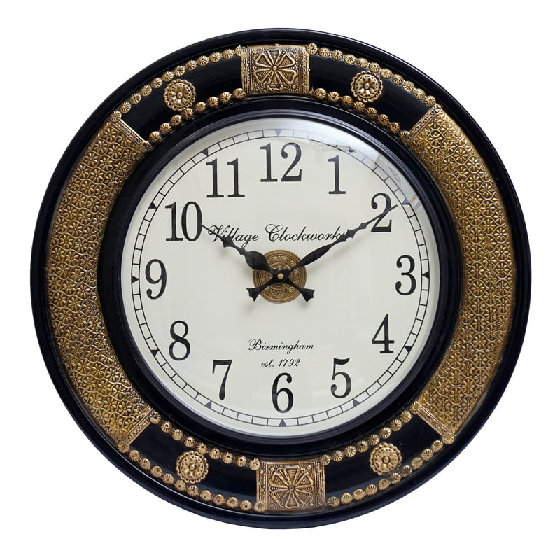 Handcrafted Round Analog Wooden Clock with Intricate Brass Emboss Design - A Luxurious 18*18 Inch Gold/Black! Handcrafted Round Analog Wooden Clock with Intricate Brass Emboss Design - A Luxurious 18*18 Inch Gold/Black!