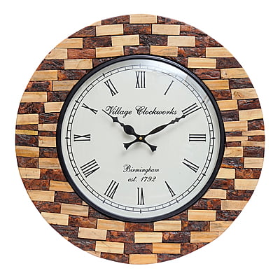 Handcrafted Round Wooden Analog Wall Clock with Blocks1 (18*18 Inch, 12 Inch Dial)