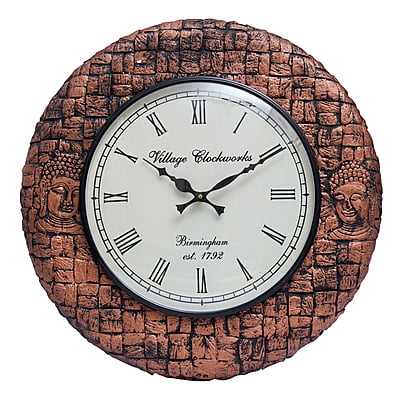 Royal Craft Palace 18" Antique Block POP Polish Copper Budha Wooden Wall Clock for Home Decor Living Room Bedroom and Office