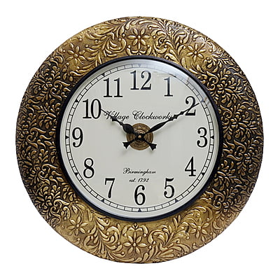 Handcrafted with intricate brass emboss design work/ Wooden Analog Clock (18*18 Inch, 12 Inch Dial, Gold)