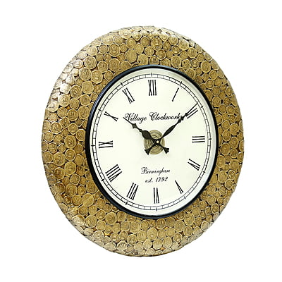 Handcrafted Indian Coin Metal/Wooden Analog Wall Clock (18x18 Inch, 12 Inch Dial, Gold) Handcrafted Indian Coin Metal/Wooden Analog Wall Clock (18x18 Inch, 12 Inch Dial, Gold)