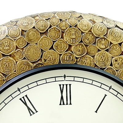 Handcrafted Indian Coin Metal/Wooden Analog Wall Clock (18x18 Inch, 12 Inch Dial, Gold) Handcrafted Indian Coin Metal/Wooden Analog Wall Clock (18x18 Inch, 12 Inch Dial, Gold)