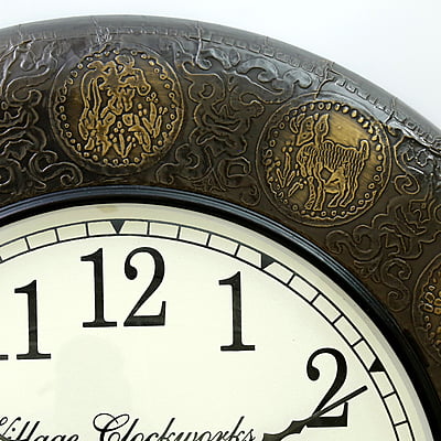 Handcrafted with intricate brass work Zodiac Sign Wooden Clock (18*18 Inch, 12 Inch Dial, Black) Handcrafted with intricate brass work Zodiac Sign Wooden Clock (18*18 Inch, 12 Inch Dial, Black)
