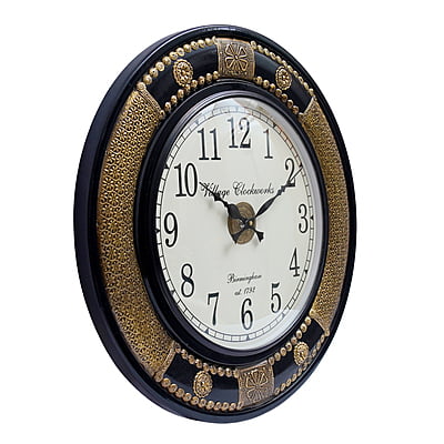 Handcrafted Round Analog Wooden Clock with Intricate Brass Emboss Design - A Luxurious 18*18 Inch Gold/Black! Handcrafted Round Analog Wooden Clock with Intricate Brass Emboss Design - A Luxurious 18*18 Inch Gold/Black!
