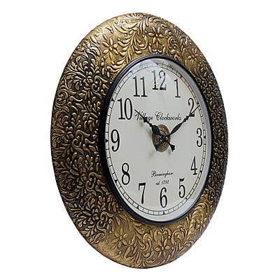 Handcrafted with intricate brass emboss design work/ Wooden Analog Clock (18*18 Inch, 12 Inch Dial, Gold) Handcrafted with intricate brass emboss design work/ Wooden Analog Clock (18*18 Inch, 12 Inch Dial, Gold)