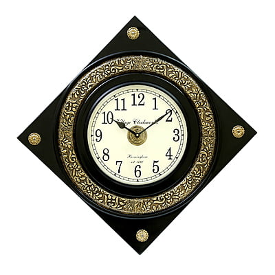 Brass Embossed Diamond Wooden Clock - 18x18 Inch, 12 Inch Dial, Handcrafted Design in Gold/Black Finish