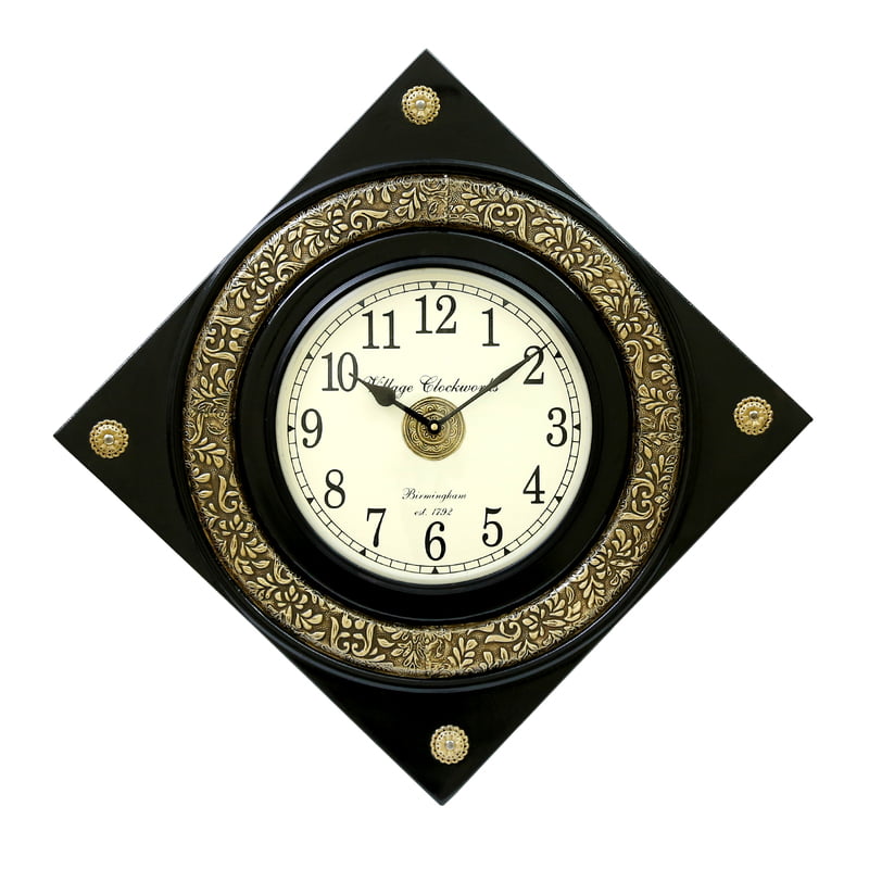 Brass Embossed Diamond Wooden Clock - 18x18 Inch, 12 Inch Dial, Handcrafted Design in Gold/Black Finish Brass Embossed Diamond Wooden Clock - 18x18 Inch, 12 Inch Dial, Handcrafted Design in Gold/Black Finish