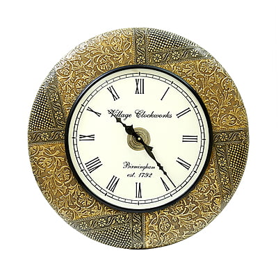 Handcrafted with intricate brass emboss design work/ Wooden Analog Clock (18*18 Inch, 12 Inch Dial, Gold)