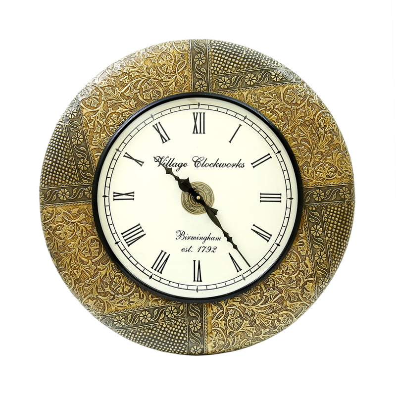 Handcrafted with intricate brass emboss design work/ Wooden Analog Clock (18*18 Inch, 12 Inch Dial, Gold) Handcrafted with intricate brass emboss design work/ Wooden Analog Clock (18*18 Inch, 12 Inch Dial, Gold)