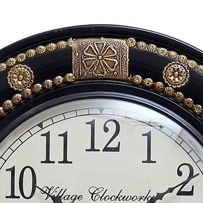 Handcrafted Round Analog Wooden Clock with Intricate Brass Emboss Design - A Luxurious 18*18 Inch Gold/Black! Handcrafted Round Analog Wooden Clock with Intricate Brass Emboss Design - A Luxurious 18*18 Inch Gold/Black!