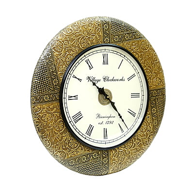 Handcrafted with intricate brass emboss design work/ Wooden Analog Clock (18*18 Inch, 12 Inch Dial, Gold) Handcrafted with intricate brass emboss design work/ Wooden Analog Clock (18*18 Inch, 12 Inch Dial, Gold)