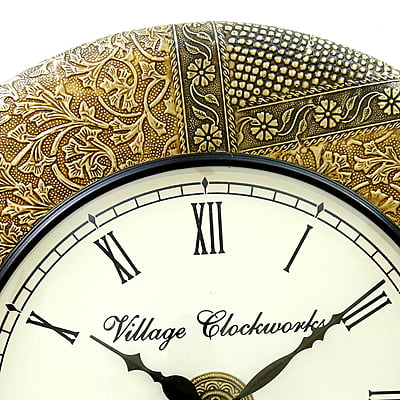 Handcrafted with intricate brass emboss design work/ Wooden Analog Clock (18*18 Inch, 12 Inch Dial, Gold) Handcrafted with intricate brass emboss design work/ Wooden Analog Clock (18*18 Inch, 12 Inch Dial, Gold)