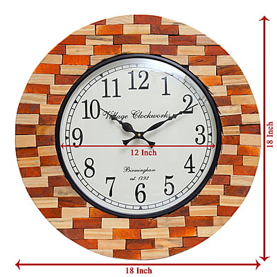 Handcrafted Round Wooden Analog Wall Clock with Blocks (18*18 Inch, 12 Inch Dial)