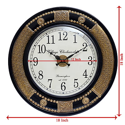 Handcrafted Round Analog Wooden Clock with Intricate Brass Emboss Design - A Luxurious 18*18 Inch  Gold/Black!