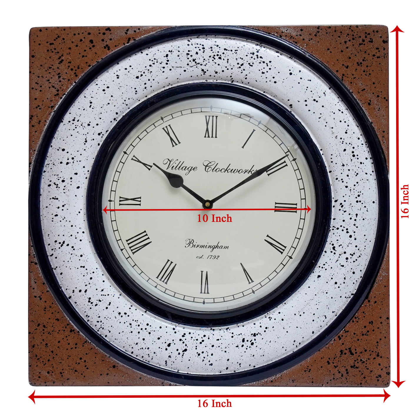 Rustic Wooden Square Clock with Marble Finish - 16x16 Inch, 10 Inch Dial