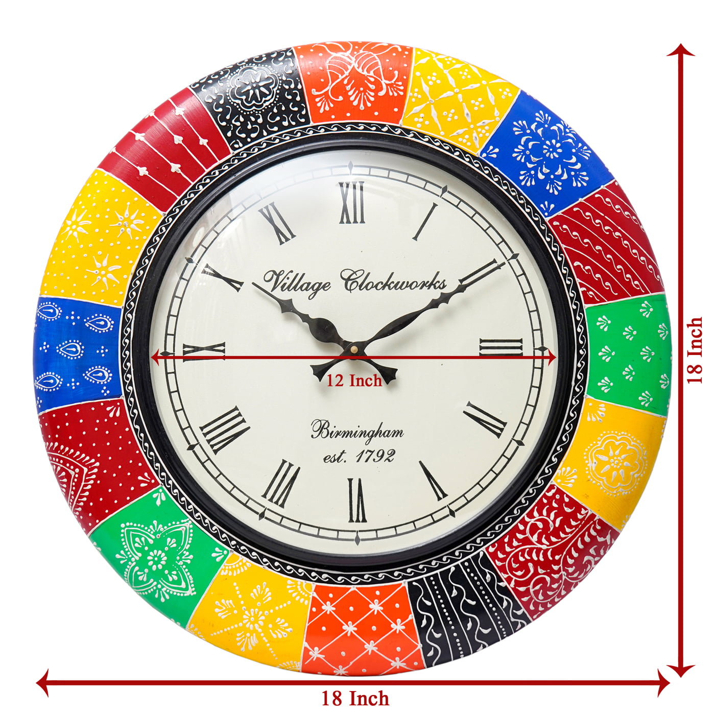 Hand Painted Round Analog Wooden Clock (18*18 Inch, 12 Inch Dial) Hand Painted Round Analog Wooden Clock (18*18 Inch, 12 Inch Dial)
