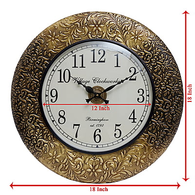Handcrafted with intricate brass emboss design work/ Wooden Analog Clock (18*18 Inch, 12 Inch Dial, Gold) Handcrafted with intricate brass emboss design work/ Wooden Analog Clock (18*18 Inch, 12 Inch Dial, Gold)