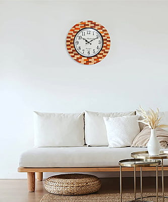 Handcrafted Round Wooden Analog Wall Clock with Blocks (18*18 Inch, 12 Inch Dial)