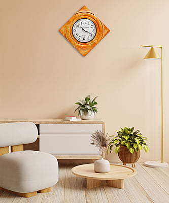 Handcrafted Diamond Wooden Analog Wall Clock with Marble Finish (18*18 Inch, 12 Inch Dial)