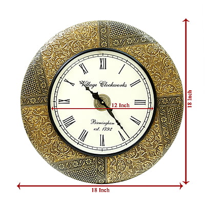 Handcrafted with intricate brass emboss design/ Wooden Analog Clock (18*18 Inch,12 Inch Dial, Gold)