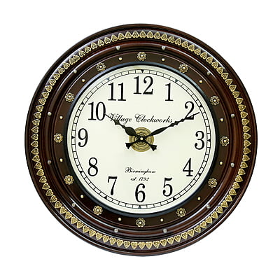 Brass Embossed Round Wooden Clock - 18x18 Inch, 12 Inch Dial, Handcrafted Design in Gold/Wooden Finish