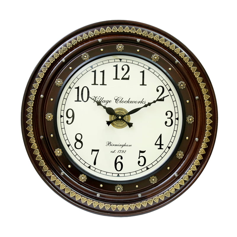 Brass Embossed Round Wooden Clock - 18x18 Inch, 12 Inch Dial, Handcrafted Design in Gold/Wooden Finish Brass Embossed Round Wooden Clock - 18x18 Inch, 12 Inch Dial, Handcrafted Design in Gold/Wooden Finish