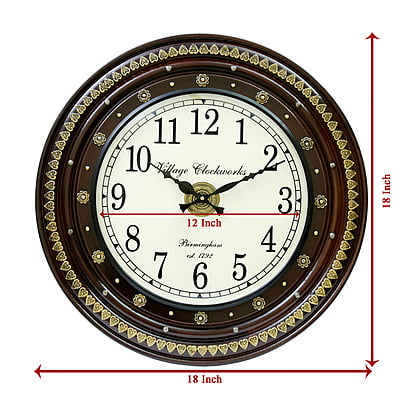 Brass Embossed Round Wooden Clock-18x18 Inch, 12Inch Dial, Handcrafted Design in Gold/Wooden Finish Brass Embossed Round Wooden Clock-18x18 Inch, 12Inch Dial, Handcrafted Design in Gold/Wooden Finish