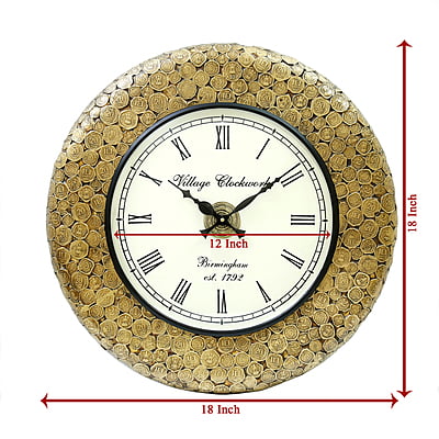 Handcrafted Indian Coin Metal/Wooden Analog Wall Clock (18x18 Inch, 12 Inch Dial, Gold) Handcrafted Indian Coin Metal/Wooden Analog Wall Clock (18x18 Inch, 12 Inch Dial, Gold)