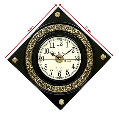 Brass Embossed Diamond Wooden Clock -18x18 Inch, 12 Inch Dial, Handcrafted Design Gold/Black Finish Brass Embossed Diamond Wooden Clock -18x18 Inch, 12 Inch Dial, Handcrafted Design Gold/Black Finish
