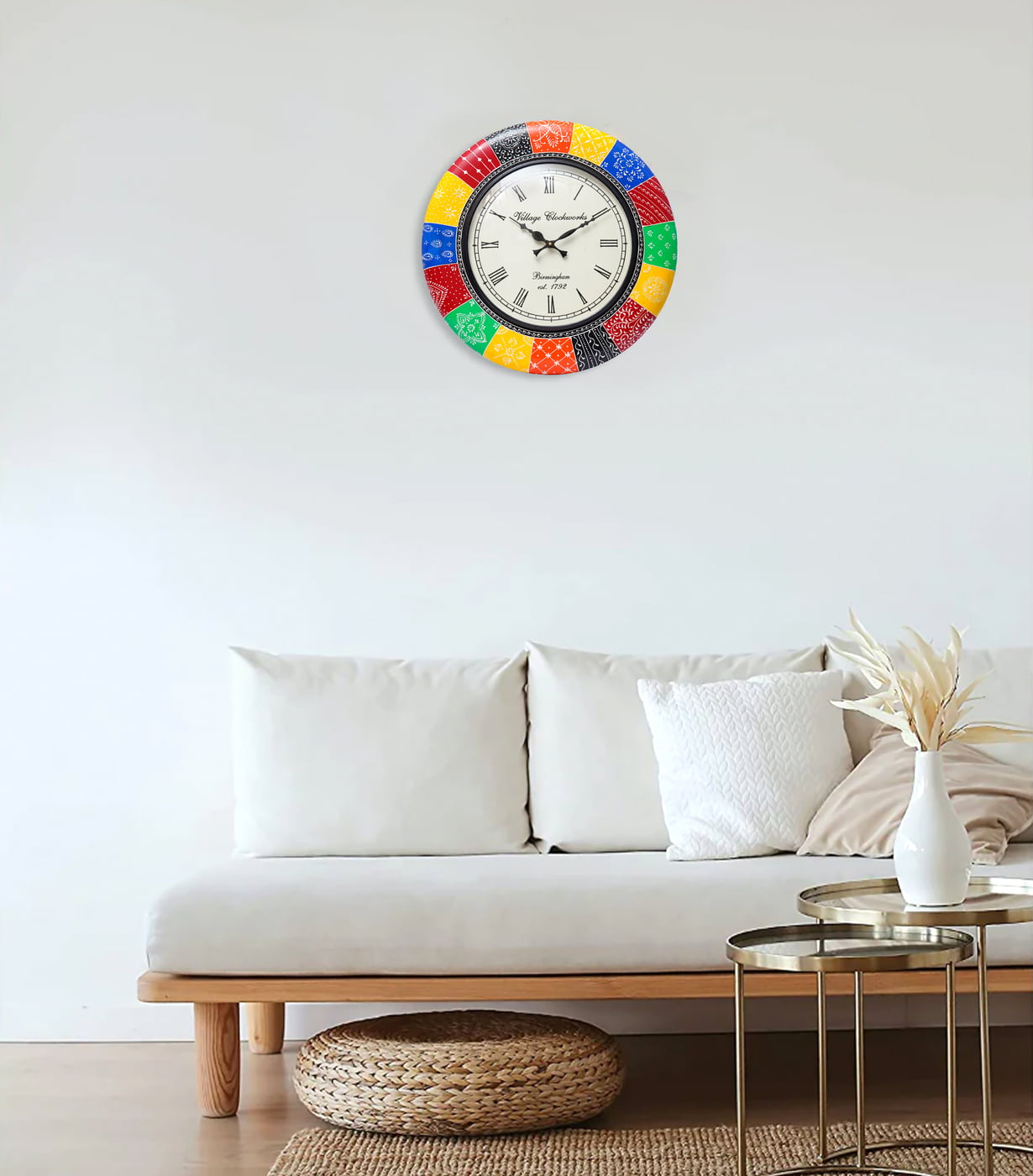 Hand Painted Round Analog Wooden Clock (18*18 Inch, 12 Inch Dial) Hand Painted Round Analog Wooden Clock (18*18 Inch, 12 Inch Dial)