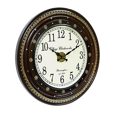Brass Embossed Round Wooden Clock - 18x18 Inch, 12 Inch Dial, Handcrafted Design in Gold/Wooden Finish Brass Embossed Round Wooden Clock - 18x18 Inch, 12 Inch Dial, Handcrafted Design in Gold/Wooden Finish