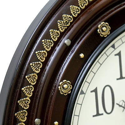 Brass Embossed Round Wooden Clock - 18x18 Inch, 12 Inch Dial, Handcrafted Design in Gold/Wooden Finish Brass Embossed Round Wooden Clock - 18x18 Inch, 12 Inch Dial, Handcrafted Design in Gold/Wooden Finish