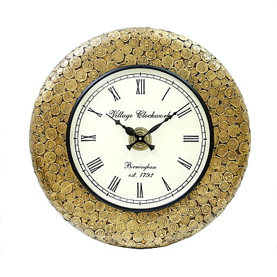 Handcrafted Indian Coin Metal/Wooden Analog Wall Clock (18x18 Inch, 12 Inch Dial, Gold)