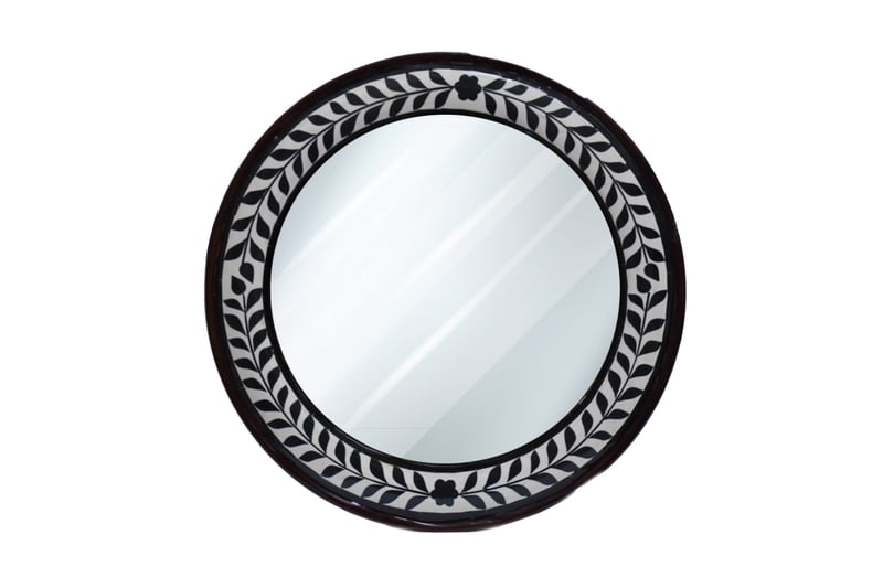 18-Inch Handcrafted Round Wooden Mirror with Stunning Marble Finish